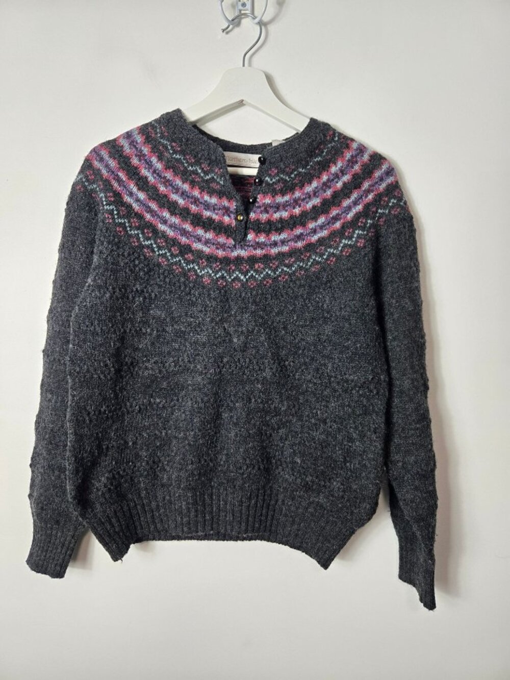 Northern Isles Fair Isle Australian Shetland Wool Pullover Henley Sweater Size L